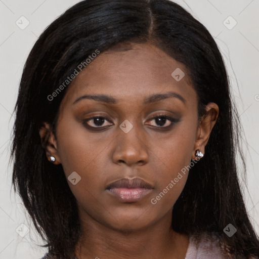 Neutral black young-adult female with long  brown hair and brown eyes