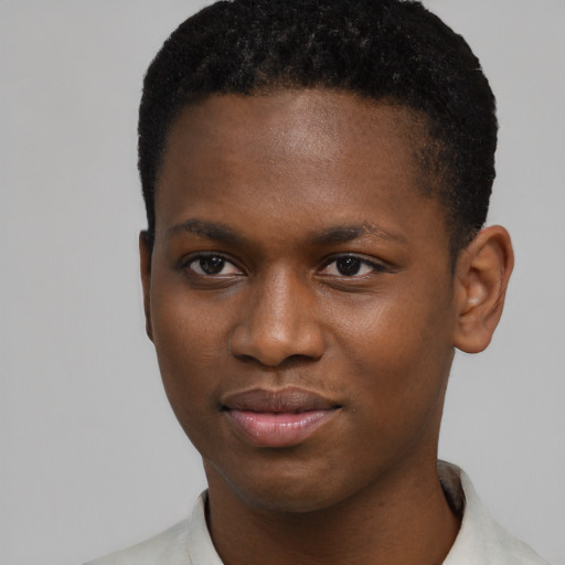 Joyful black young-adult male with short  brown hair and brown eyes