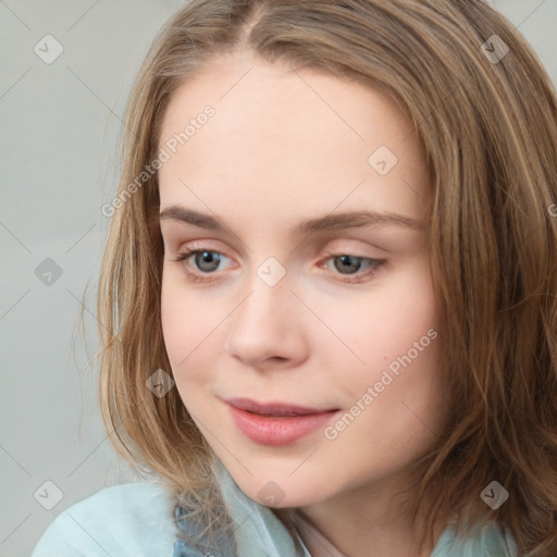 Neutral white young-adult female with medium  brown hair and grey eyes