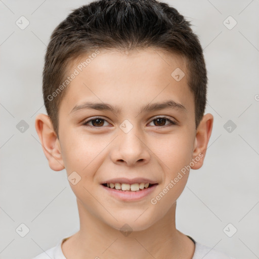 Joyful white child male with short  brown hair and brown eyes