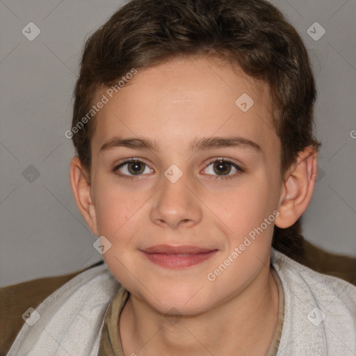 Joyful white child female with short  brown hair and brown eyes