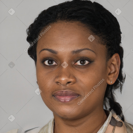 Joyful black young-adult female with medium  black hair and brown eyes