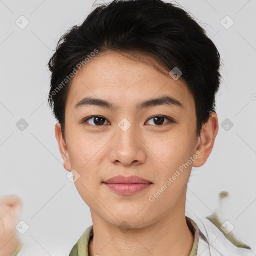 Joyful asian young-adult female with short  brown hair and brown eyes