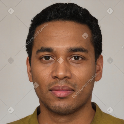 Neutral black young-adult male with short  black hair and brown eyes
