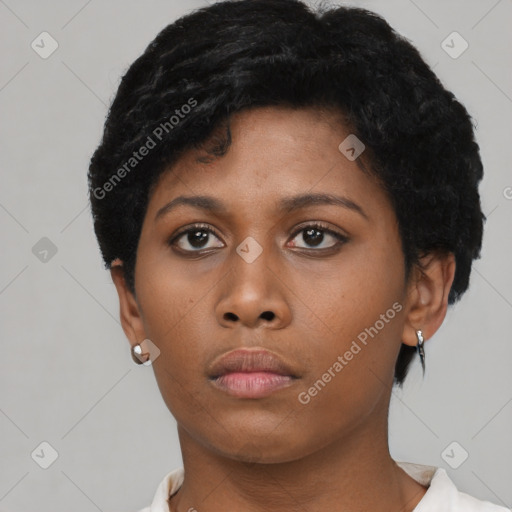 Neutral black young-adult female with short  black hair and brown eyes