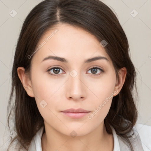 Neutral white young-adult female with medium  brown hair and brown eyes