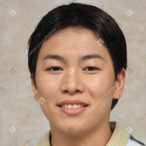 Joyful asian young-adult female with short  brown hair and brown eyes