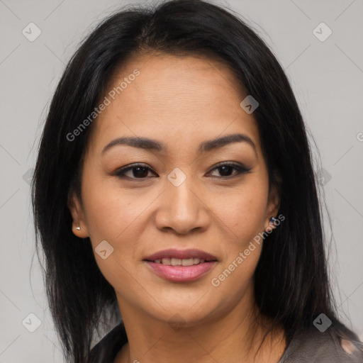 Joyful asian young-adult female with long  brown hair and brown eyes