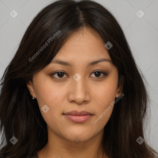 Neutral asian young-adult female with long  brown hair and brown eyes