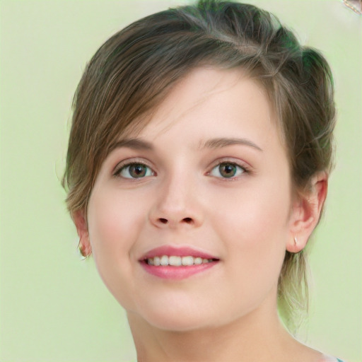 Joyful white young-adult female with medium  brown hair and green eyes