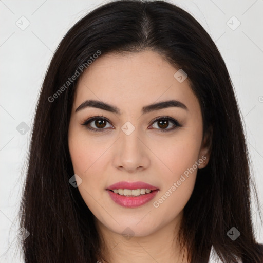 Joyful white young-adult female with long  brown hair and brown eyes