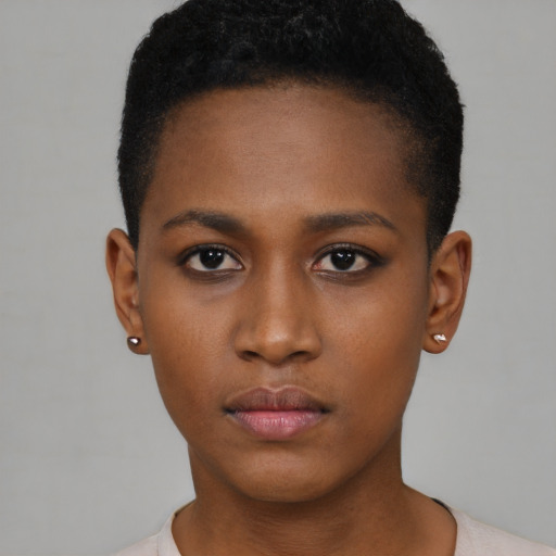 Neutral black young-adult female with short  brown hair and brown eyes