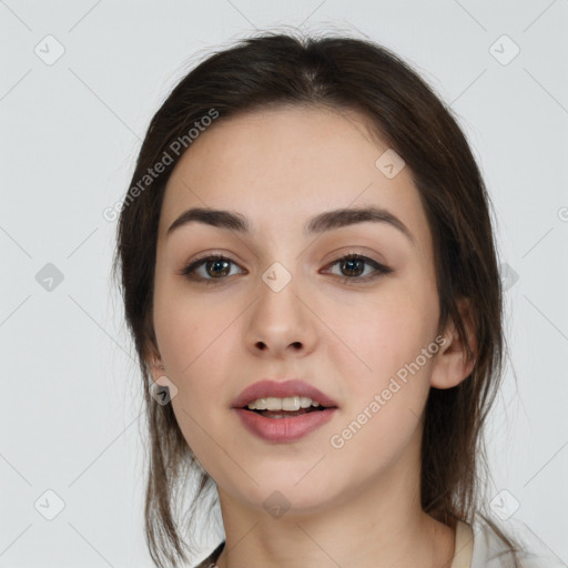 Neutral white young-adult female with medium  brown hair and brown eyes