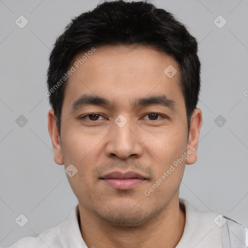 Neutral asian young-adult male with short  black hair and brown eyes