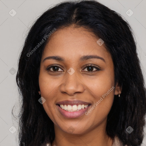 Joyful latino young-adult female with long  brown hair and brown eyes