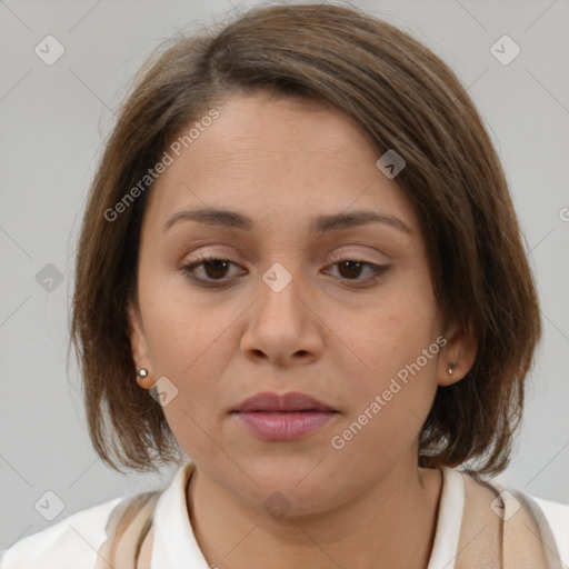 Neutral white young-adult female with medium  brown hair and brown eyes