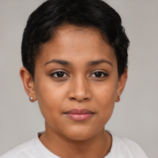 Joyful asian young-adult female with short  black hair and brown eyes