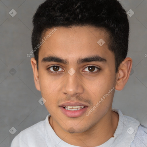 Joyful latino young-adult male with short  brown hair and brown eyes