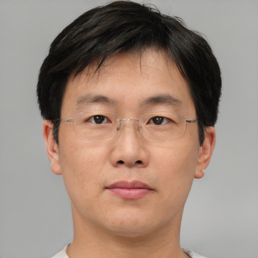 Neutral asian adult male with short  brown hair and brown eyes