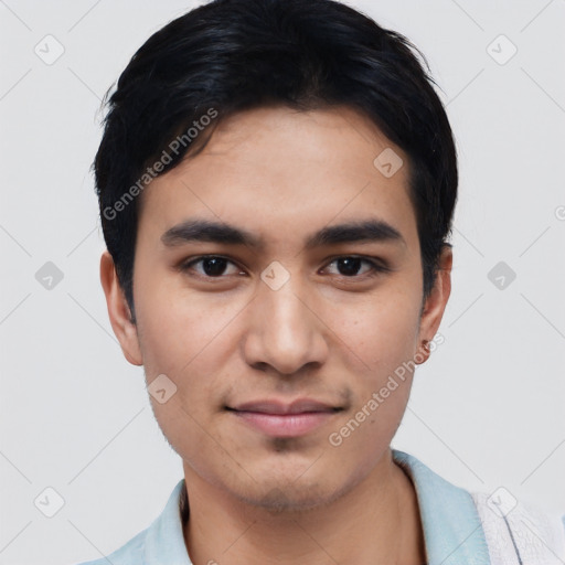 Joyful asian young-adult male with short  black hair and brown eyes