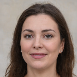 Joyful white adult female with long  brown hair and brown eyes