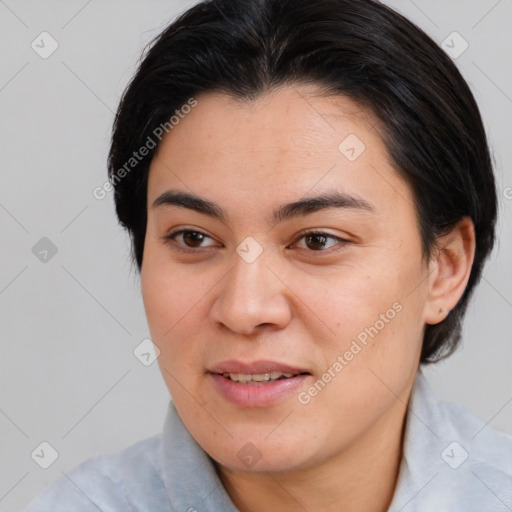 Joyful white young-adult female with medium  brown hair and brown eyes