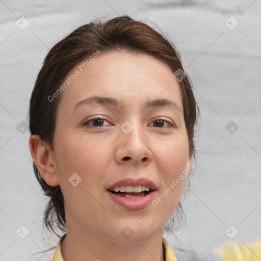 Joyful white young-adult female with medium  brown hair and brown eyes