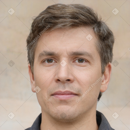 Neutral white adult male with short  brown hair and brown eyes