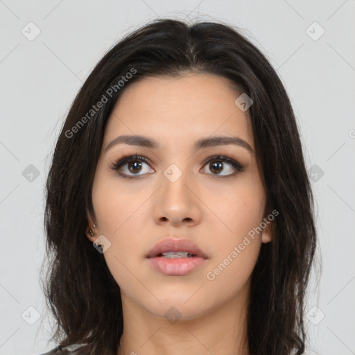 Neutral asian young-adult female with long  brown hair and brown eyes