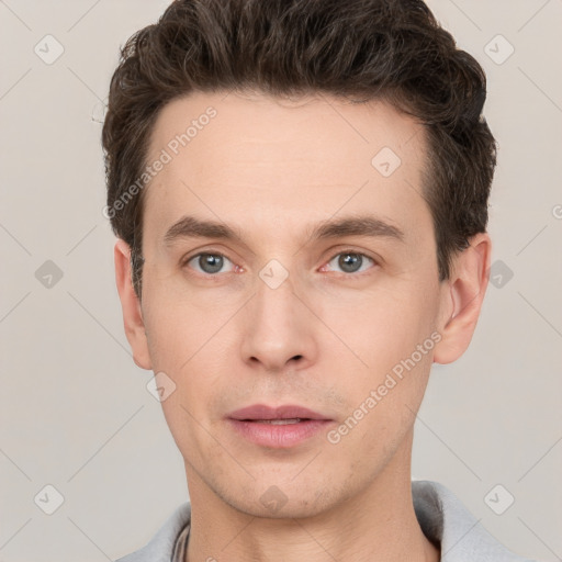 Neutral white young-adult male with short  brown hair and brown eyes