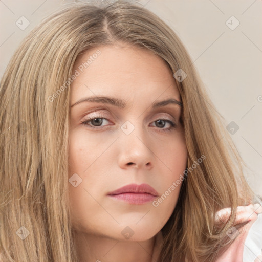 Neutral white young-adult female with long  brown hair and brown eyes