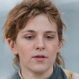 Neutral white young-adult female with medium  brown hair and grey eyes