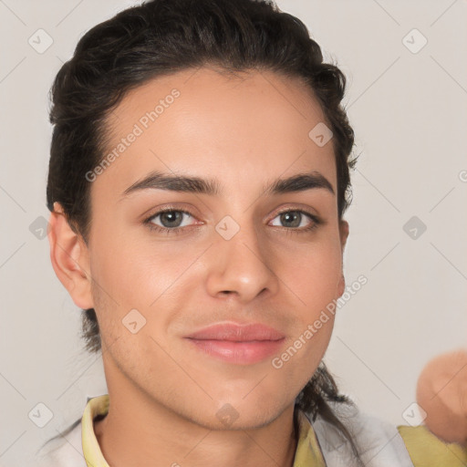 Joyful white young-adult female with short  brown hair and brown eyes