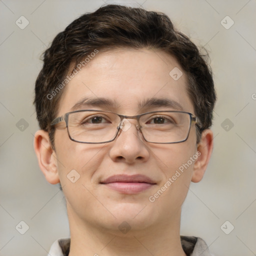 Joyful white adult male with short  brown hair and grey eyes