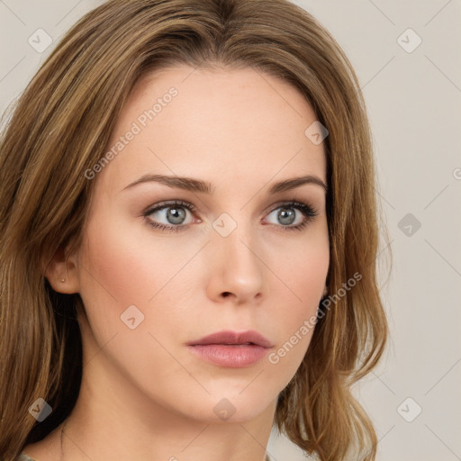 Neutral white young-adult female with long  brown hair and green eyes