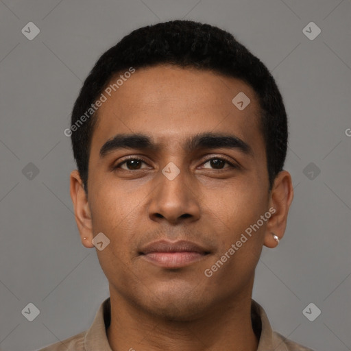 Neutral latino young-adult male with short  black hair and brown eyes