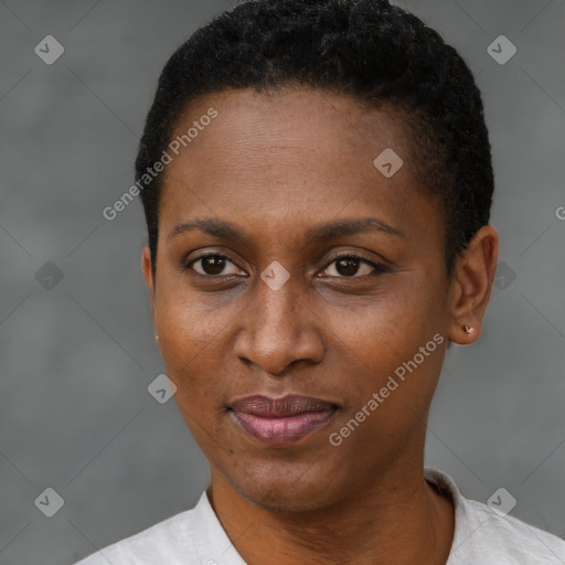 Joyful black young-adult female with short  brown hair and brown eyes