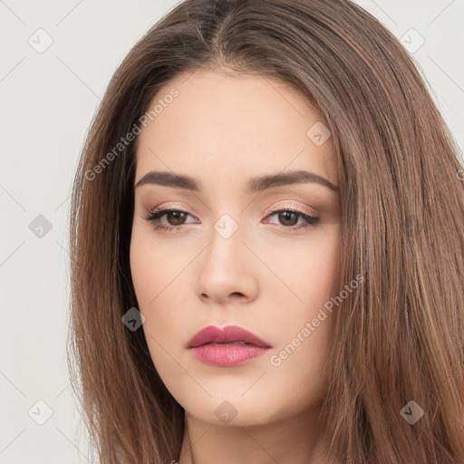 Neutral white young-adult female with long  brown hair and brown eyes