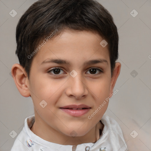 Joyful white child female with short  brown hair and brown eyes