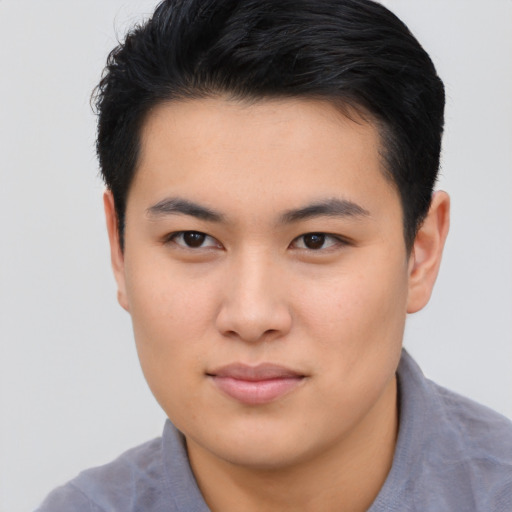 Neutral asian young-adult male with short  brown hair and brown eyes
