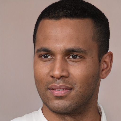 Neutral black young-adult male with short  brown hair and brown eyes