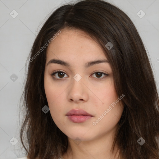 Neutral white young-adult female with long  brown hair and brown eyes