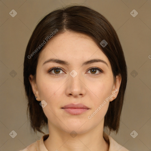 Neutral white young-adult female with medium  brown hair and brown eyes