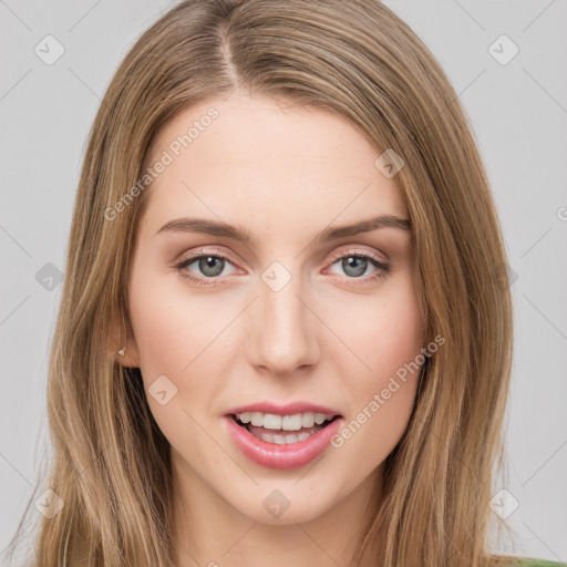 Joyful white young-adult female with long  brown hair and green eyes