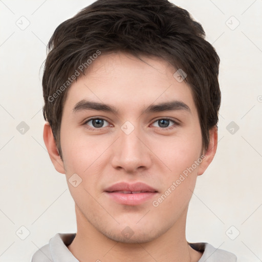 Neutral white young-adult male with short  brown hair and brown eyes