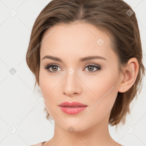 Neutral white young-adult female with medium  brown hair and brown eyes