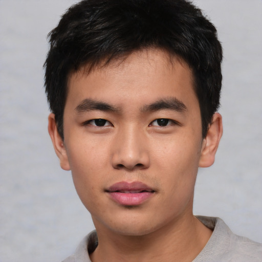 Neutral asian young-adult male with short  black hair and brown eyes
