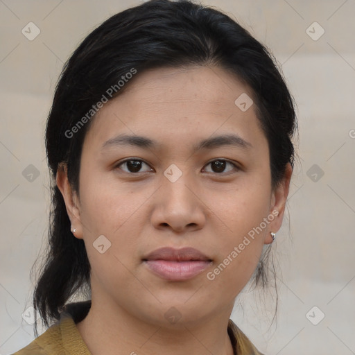 Joyful asian young-adult female with medium  brown hair and brown eyes