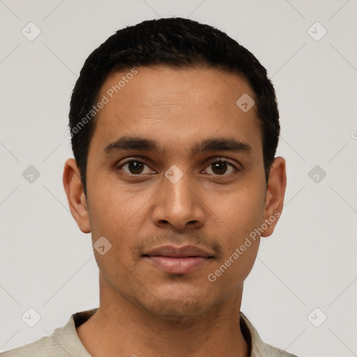 Neutral latino young-adult male with short  black hair and brown eyes