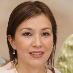 Joyful white adult female with medium  brown hair and brown eyes